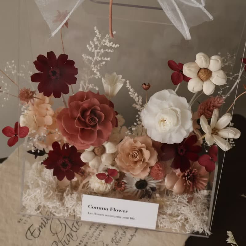 乾燥玫瑰粉永生花壓克力花籃 小花園花籃 開幕花籃 喬遷花籃