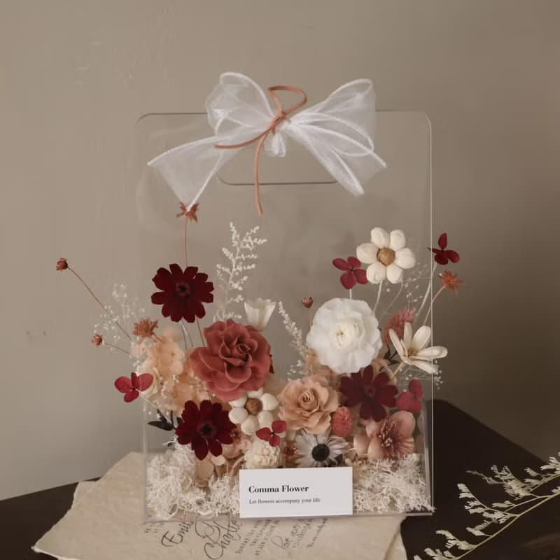 乾燥玫瑰粉永生花壓克力花籃 小花園花籃 開幕花籃 喬遷花籃