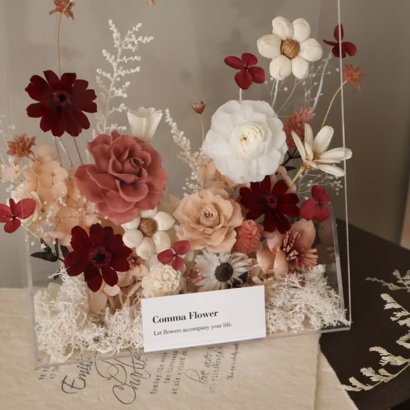 乾燥玫瑰粉永生花壓克力花籃 小花園花籃 開幕花籃 喬遷花籃