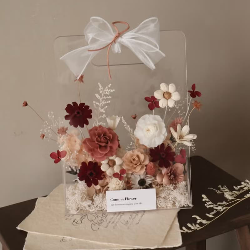 乾燥玫瑰粉永生花壓克力花籃 小花園花籃 開幕花籃 喬遷花籃