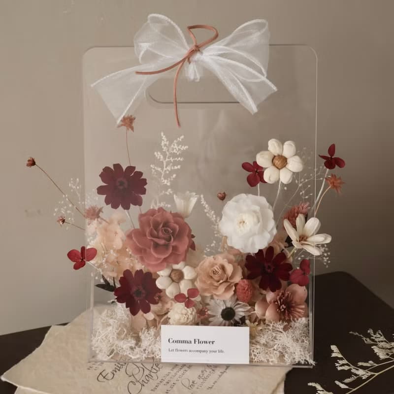 乾燥玫瑰粉永生花壓克力花籃 小花園花籃 開幕花籃 喬遷花籃