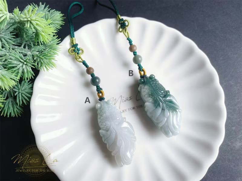 天然緬甸玉翡翠 綠翡飄花魚 包掛 掛繩 富貴有餘 禮物