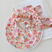 【11/14後出貨】水彩花 棉蕾絲圍兜 小扭結髮帶 彌月禮物 嬰兒髮
