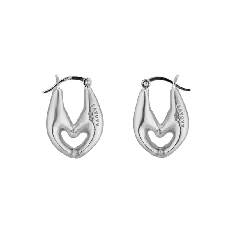 (925 Sterling Silver) Heart Hands Earrings