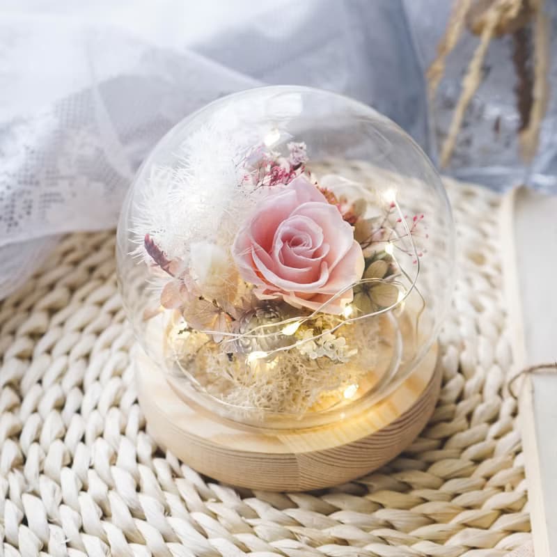 花藝DIY材料包│小夜燈玻璃鐘罩 永生花藝 │含影片教學