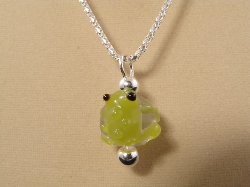 Green Frog Pendant Necklace Olive Lampwork Murano Glass Froggy Jewelry Necklace