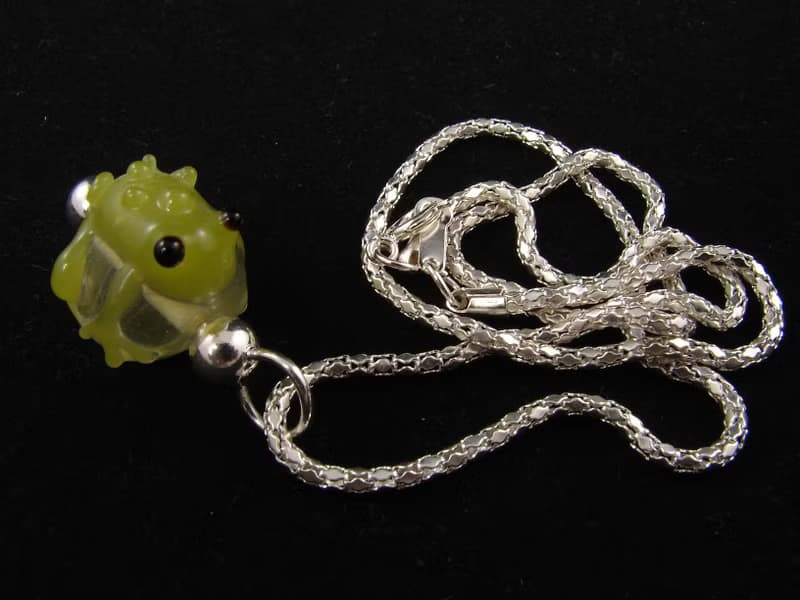 Green Frog Pendant Necklace Olive Lampwork Murano Glass Froggy Jewelry Necklace