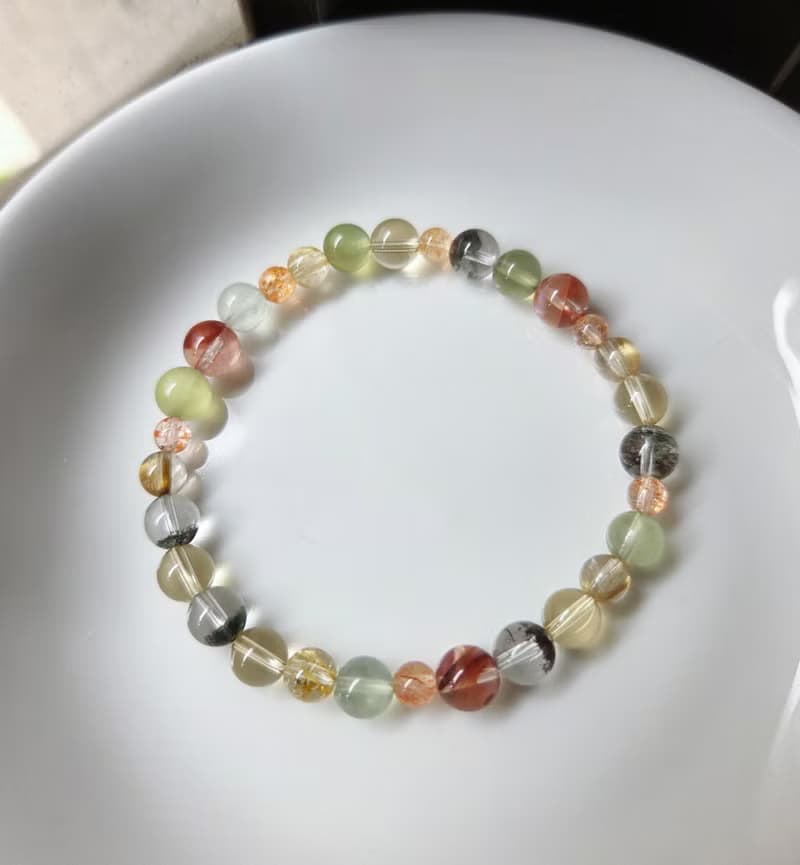 紅膠花 黃水晶 綠幽靈 葡萄石 鈦晶 金太陽 水晶手鍊