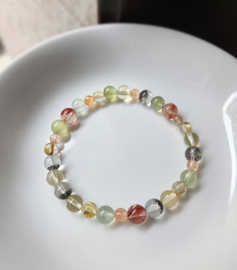 紅膠花 黃水晶 綠幽靈 葡萄石 鈦晶 金太陽 水晶手鍊