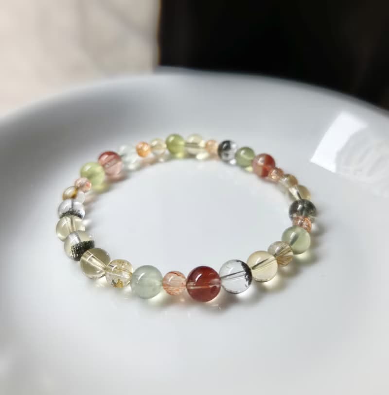 紅膠花 黃水晶 綠幽靈 葡萄石 鈦晶 金太陽 水晶手鍊