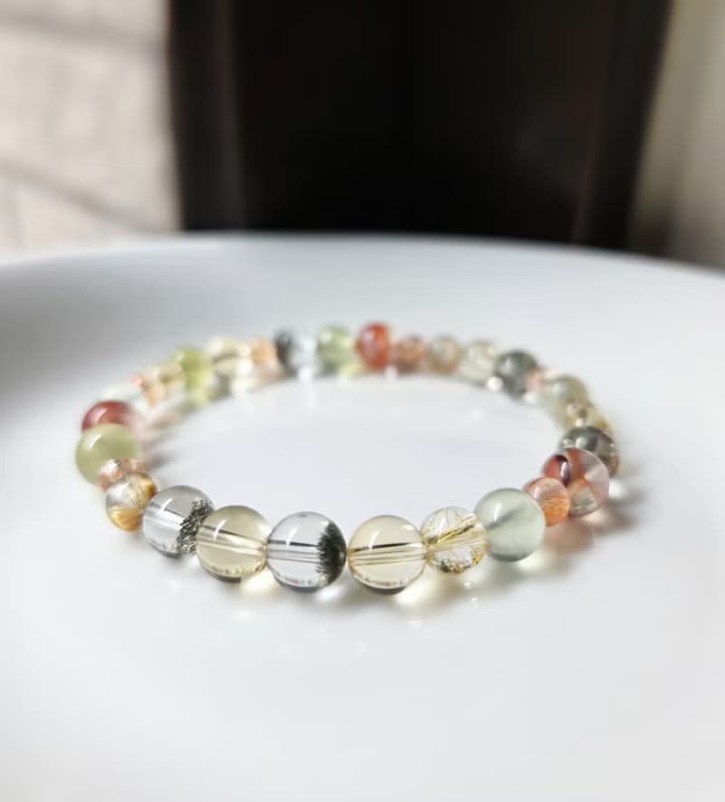 紅膠花 黃水晶 綠幽靈 葡萄石 鈦晶 金太陽 水晶手鍊