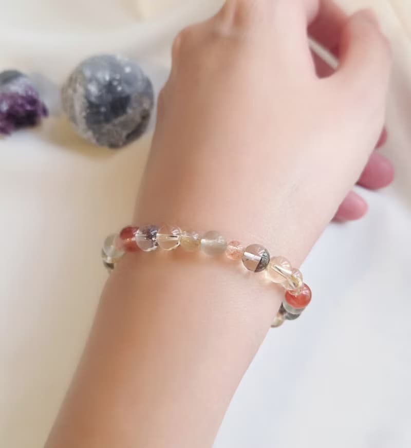 紅膠花 黃水晶 綠幽靈 葡萄石 鈦晶 金太陽 水晶手鍊