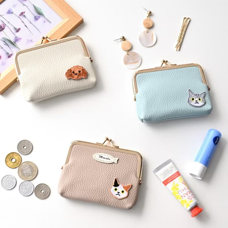 がま口 ポーチ【 simple ワッペン 猫 犬 】 名入れ ミニ財布 小物入れ マルチポーチ A299I