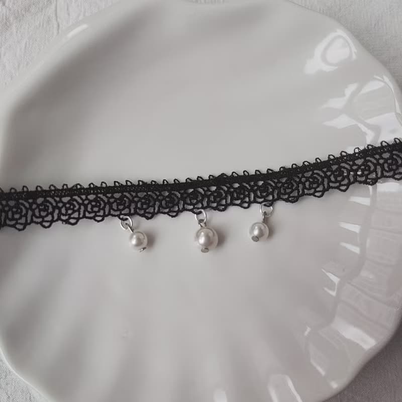 復古 玫瑰黑蕾絲珍珠choker 短項鍊 維多利亞風 純銀/合金