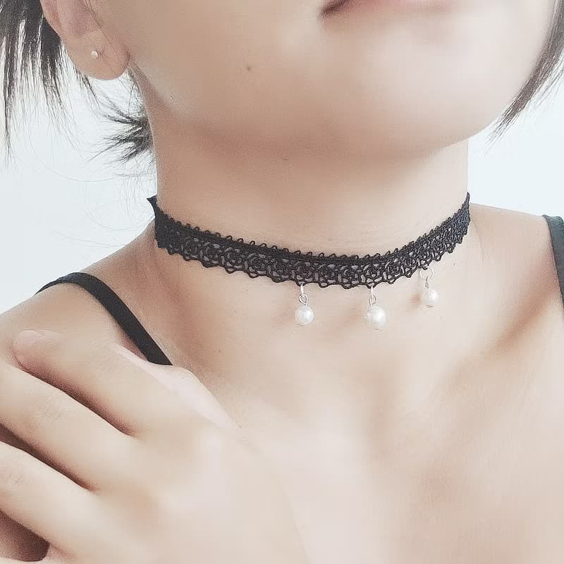 復古 玫瑰黑蕾絲珍珠choker 短項鍊 維多利亞風 純銀/合金