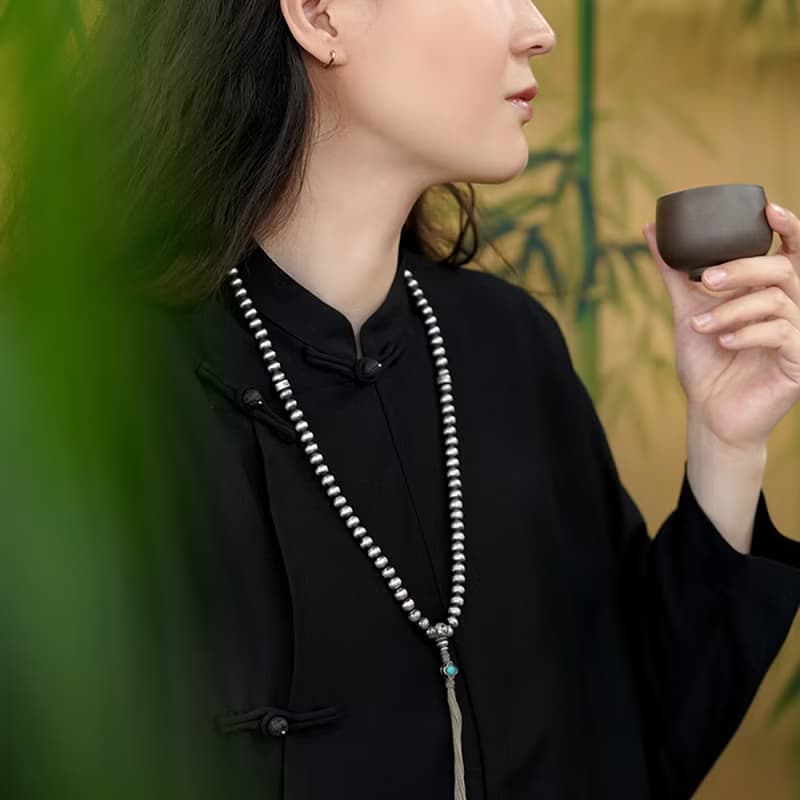 純銀108顆念珠 未時設計多圈手鏈串佛珠925純銀泰銀複古男女修行