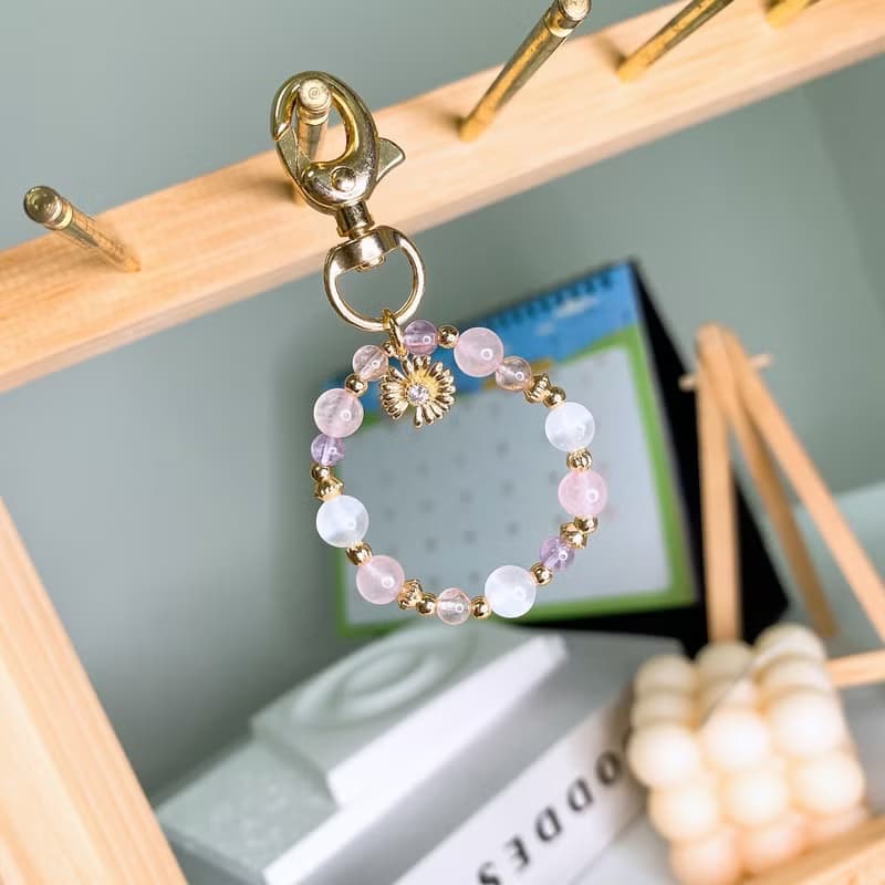野菊  透石膏 粉晶 草莓晶 薰衣草紫水晶 水晶天然石礦石鑰匙圈