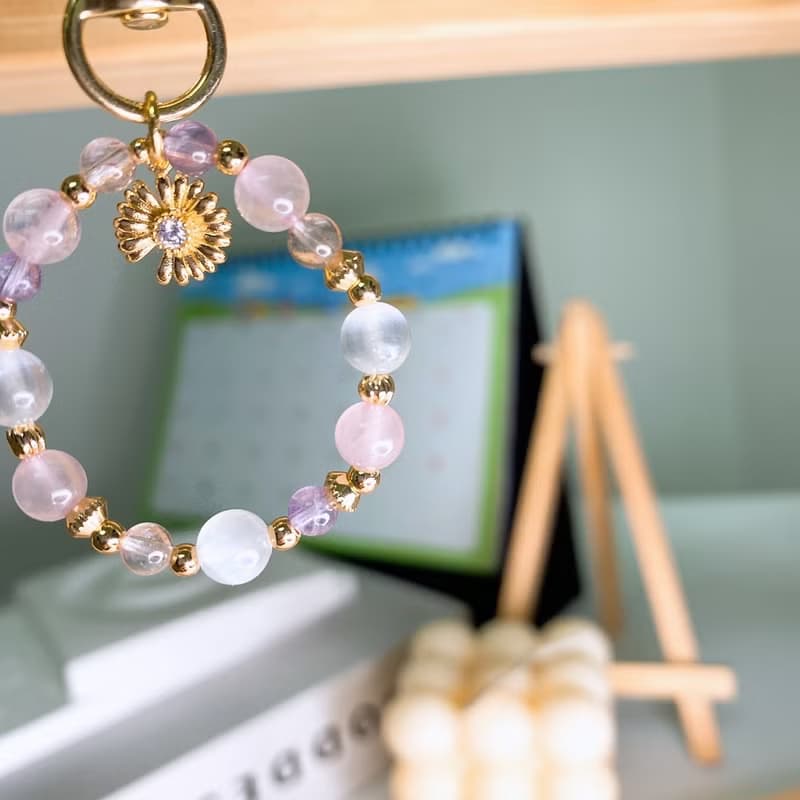 野菊  透石膏 粉晶 草莓晶 薰衣草紫水晶 水晶天然石礦石鑰匙圈
