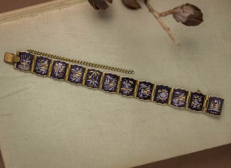 日本Amita古董象嵌 24K金/純銀鑲嵌工藝 多樣日式圖騰 小方塊手鍊