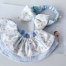 天空藍英國碎花 天然染色 公主荷葉圍兜+寶寶髮帶 彌月禮盒