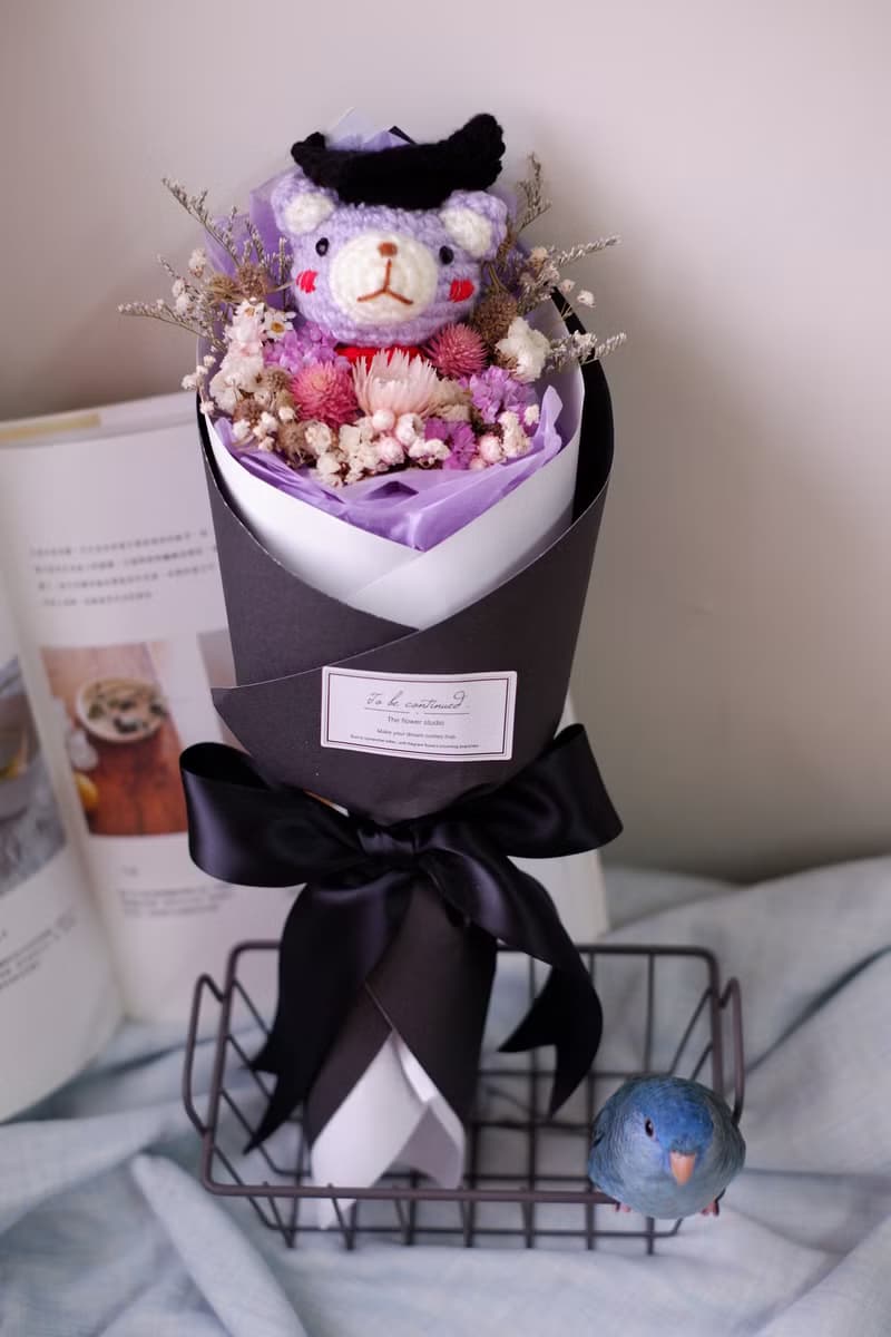 未完待續 | 手工 畢業熊乾燥花 長花束  鉤針娃娃 紫熊款 預購