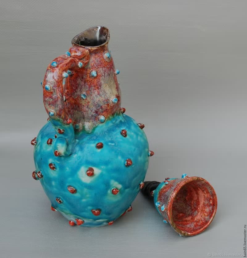 Ceramic jug Blue Pottery Pitcher Liquor Decanter Brown blue glazed Textured