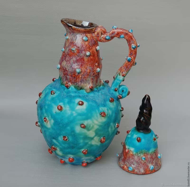Ceramic jug Blue Pottery Pitcher Liquor Decanter Brown blue glazed Textured