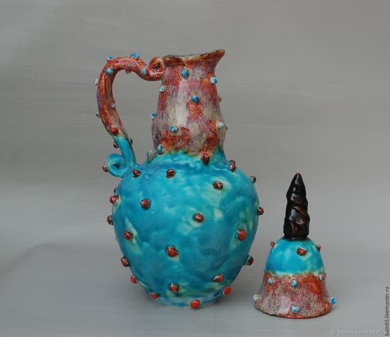 Ceramic jug Blue Pottery Pitcher Liquor Decanter Brown blue glazed Textured