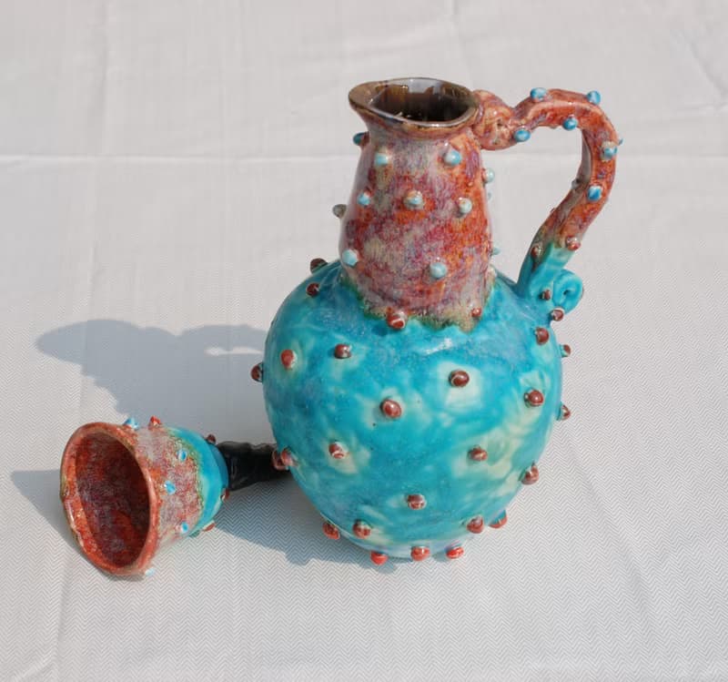 Ceramic jug Blue Pottery Pitcher Liquor Decanter Brown blue glazed Textured