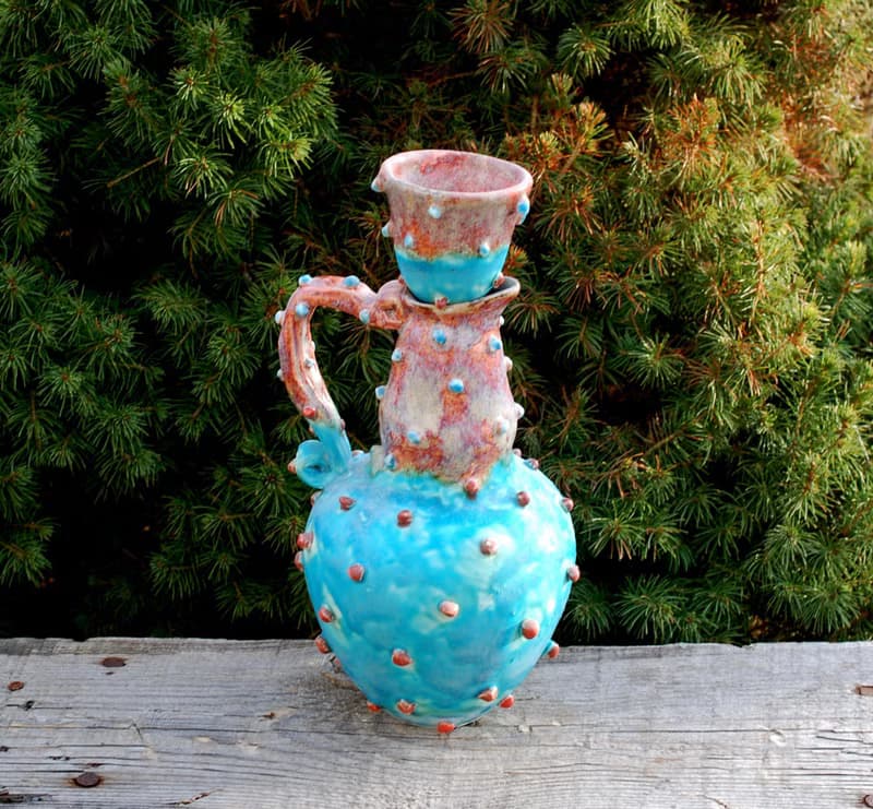 Ceramic jug Blue Pottery Pitcher Liquor Decanter Brown blue glazed Textured