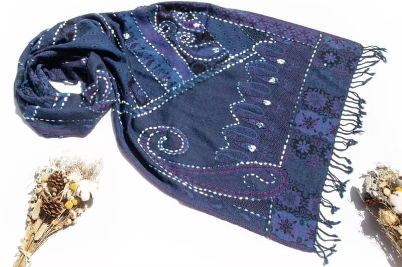 喀什米爾Cashmere/水煮羊毛披肩/針織圍巾/刺繡圍巾/羊絨披巾-花