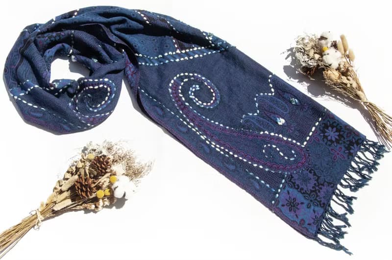 喀什米爾Cashmere/水煮羊毛披肩/針織圍巾/刺繡圍巾/羊絨披巾-花
