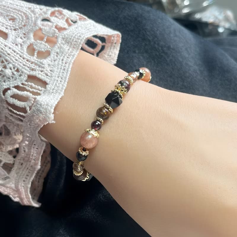 勇氣正向 彼得石 橙月光石 石榴石 黑尖金石 天然水晶手鏈 美拉德