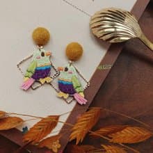 刺繡耳環 | 耳夾 / 耳釘 - 綠色小鳥 | Littdlework
