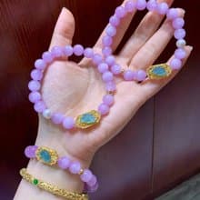 原創精品天然紫鋰輝手鏈搭配銀鍍金藍水翡翠蓮花 步步生蓮 好運連