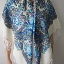 Pavlovo Posad Russian Shawl 100% Wool Scarf 125x125 cm Wrap Silk Fringe 1428-4