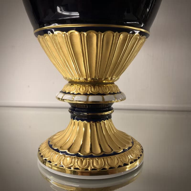 德國麥森MEISSEN滿彩帝王藍重金古典花卉蛇頸花瓶ㄧ級品