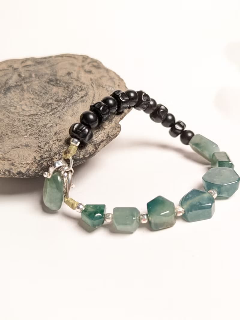 天然緬甸冰種水滴 藍水雪花隨形珠翡翠 檀木珠 銀配件 手工製手鍊