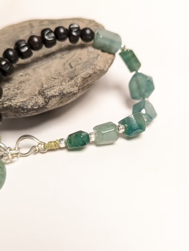 天然緬甸冰種水滴 藍水雪花隨形珠翡翠 檀木珠 銀配件 手工製手鍊