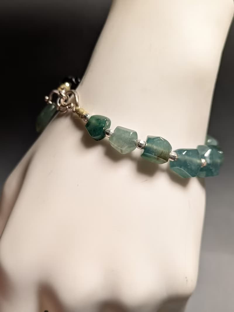 天然緬甸冰種水滴 藍水雪花隨形珠翡翠 檀木珠 銀配件 手工製手鍊