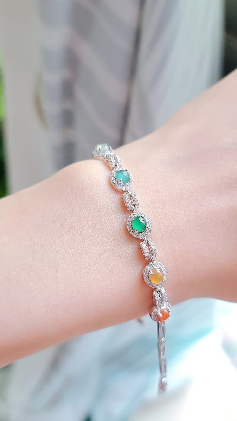 |五行轉好運|A貨翡翠冰多彩彩虹蛋面5mm純銀鍍18k豪鑲款手鏈