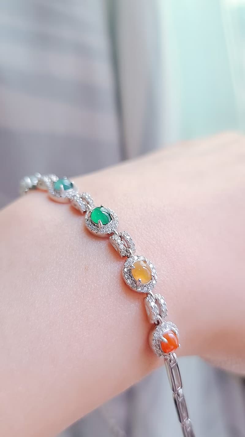 |五行轉好運|A貨翡翠冰多彩彩虹蛋面5mm純銀鍍18k豪鑲款手鏈