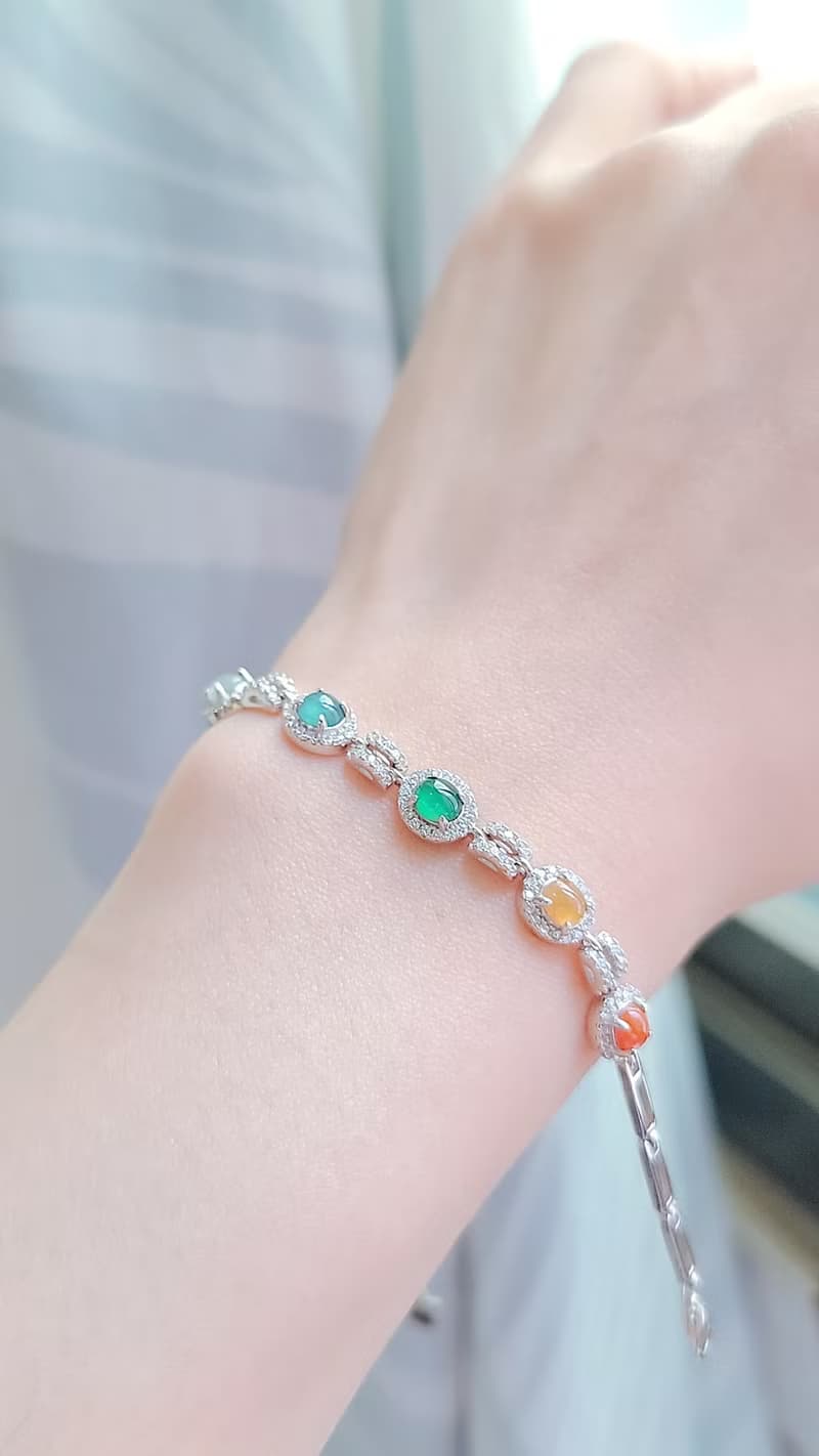 |五行轉好運|A貨翡翠冰多彩彩虹蛋面5mm純銀鍍18k豪鑲款手鏈