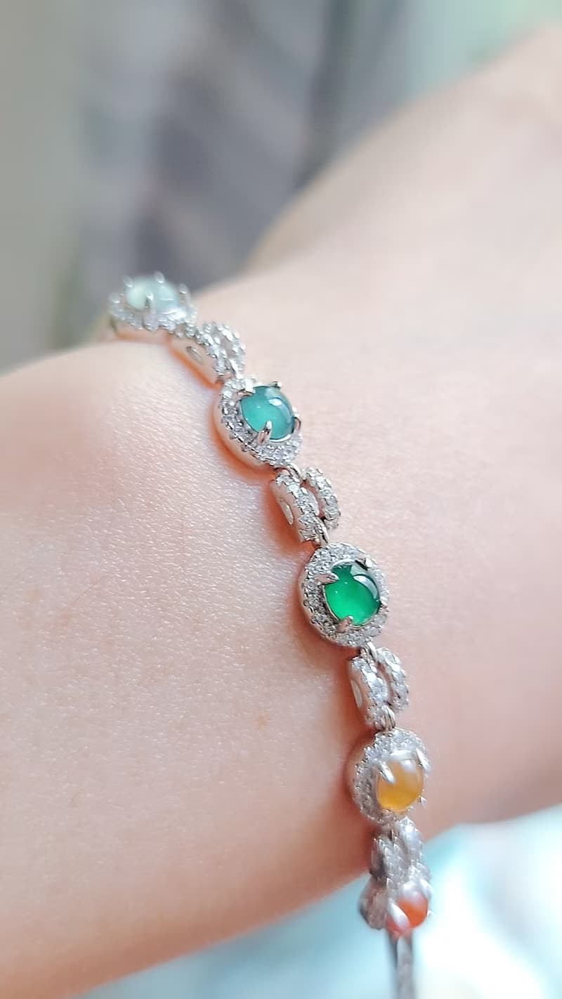 |五行轉好運|A貨翡翠冰多彩彩虹蛋面5mm純銀鍍18k豪鑲款手鏈