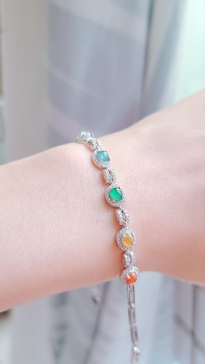 |五行轉好運|A貨翡翠冰多彩彩虹蛋面5mm純銀鍍18k豪鑲款手鏈