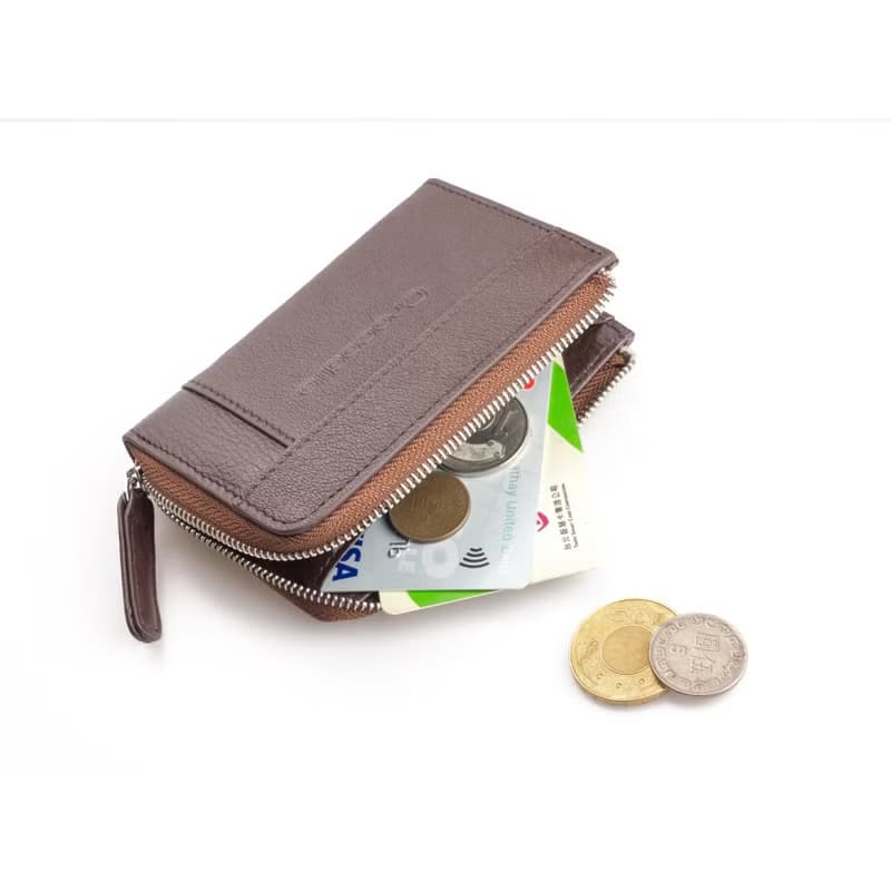 【送禮推薦 聖誕禮物】Easy輕巧零錢包 真皮荔枝紋拉鍊 黑咖兩色