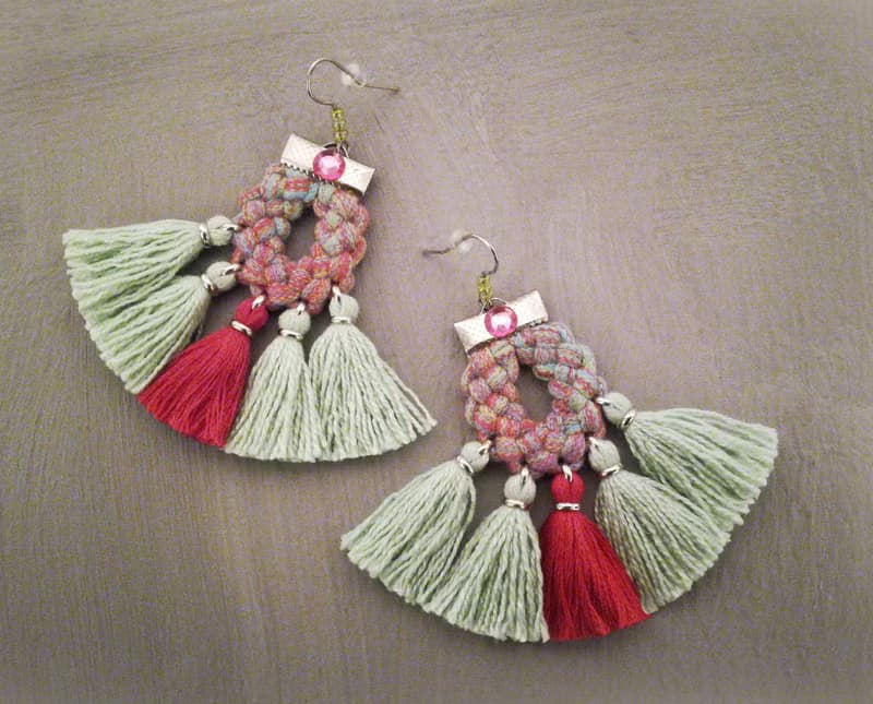 Tassel Earrings Pink Green Boho Gypsy Style Jewelry