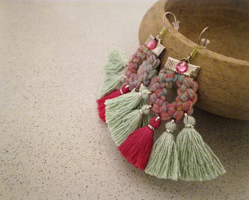 Tassel Earrings Pink Green Boho Gypsy Style Jewelry