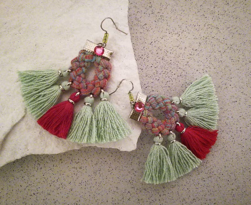 Tassel Earrings Pink Green Boho Gypsy Style Jewelry