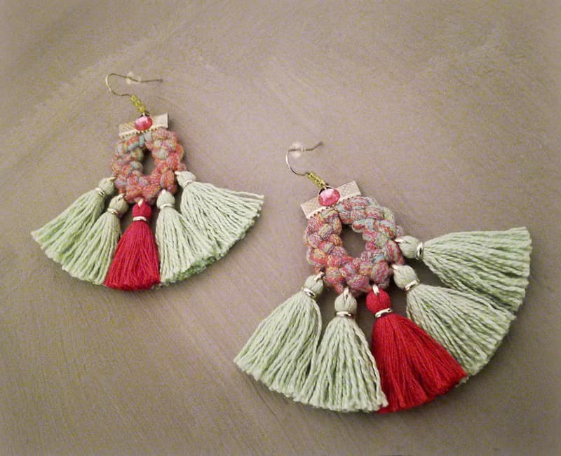 Tassel Earrings Pink Green Boho Gypsy Style Jewelry